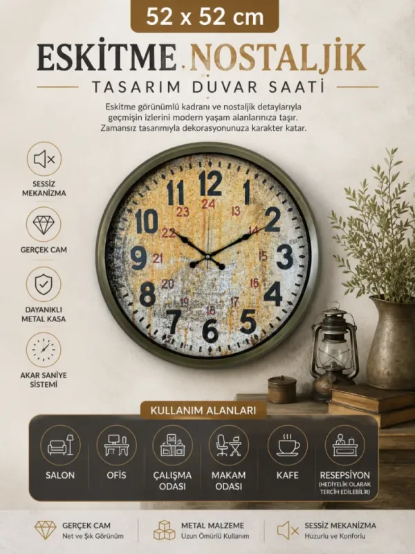 Eskitme Metal Duvar Saati 52 cm · Model 5214E