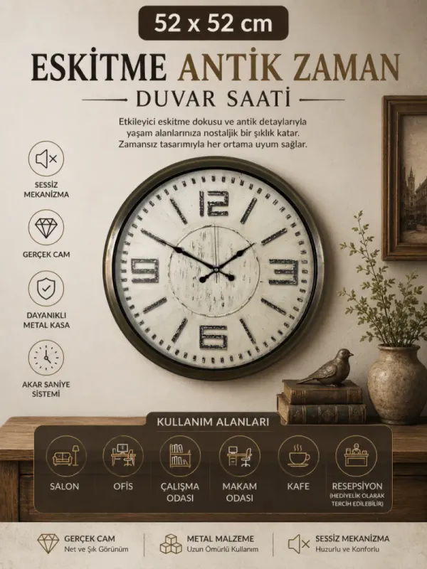 Eskitme Metal Duvar Saati 52 cm · Model 5216E