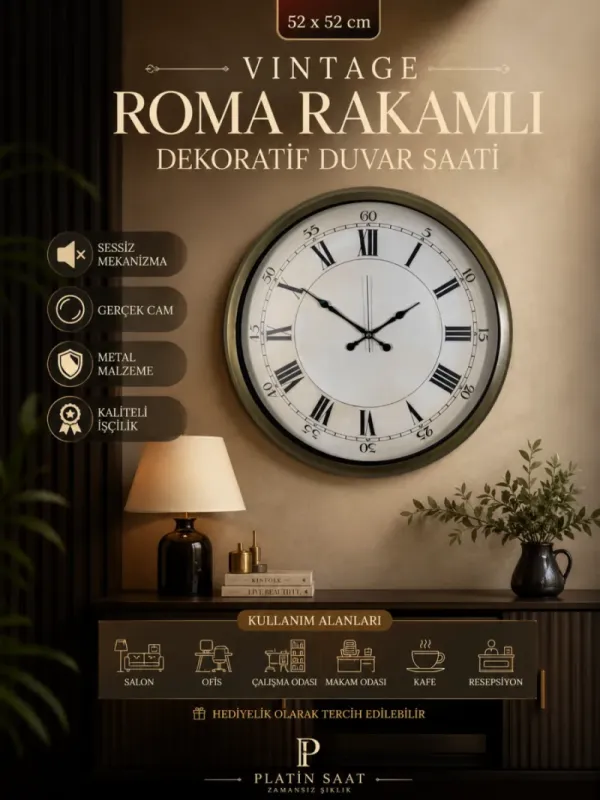 Roma Rakamlı Retro Görünümlü Eskitme Metal Duvar Saati 52 cm · Model 5256E