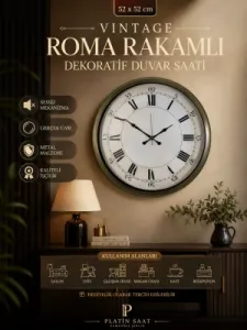 Roma Rakamlı Retro Görünümlü Eskitme Metal Duvar Saati 52 cm · Model 5256E