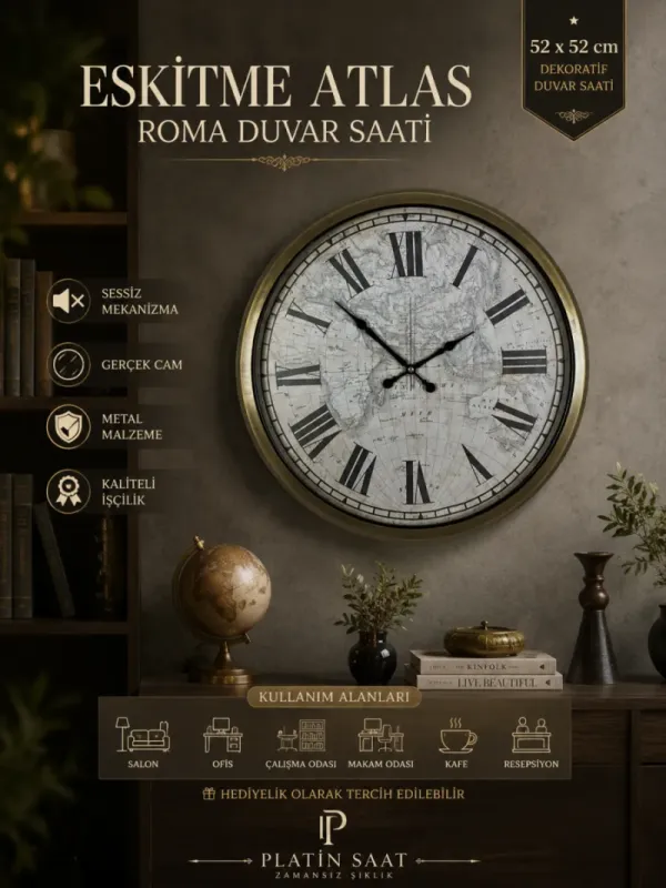 Roma Rakamlı Eskitme Metal Duvar Saati 52 cm · Model 5257E