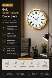 Roma Rakamlı Gold Metal Duvar Saati 36 cm · Model 3654G