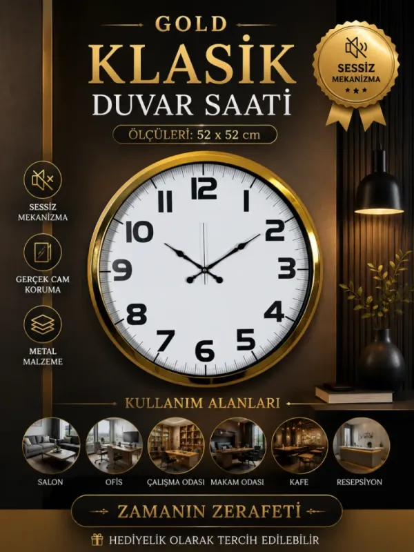 Gold Metal Duvar Saati 52 cm · Model 5236G