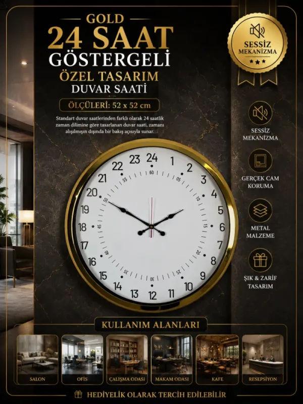 Göstergeli Gold Metal Duvar Saati 52 cm · Model 5297G