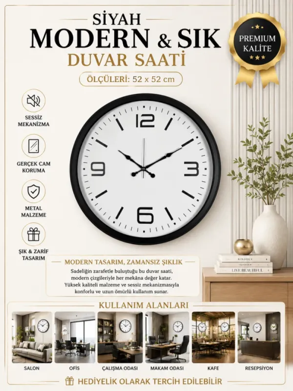 Siyah Metal Duvar Saati 52 cm · Model 5208B