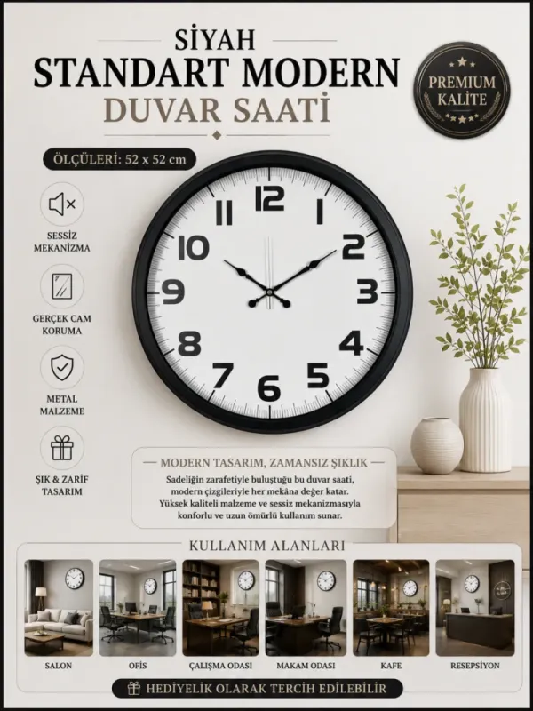 Siyah Metal Duvar Saati 52 cm · Model 5236B