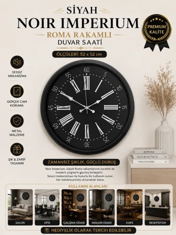 Siyah Metal Duvar Saati 52 cm · Model 5259B