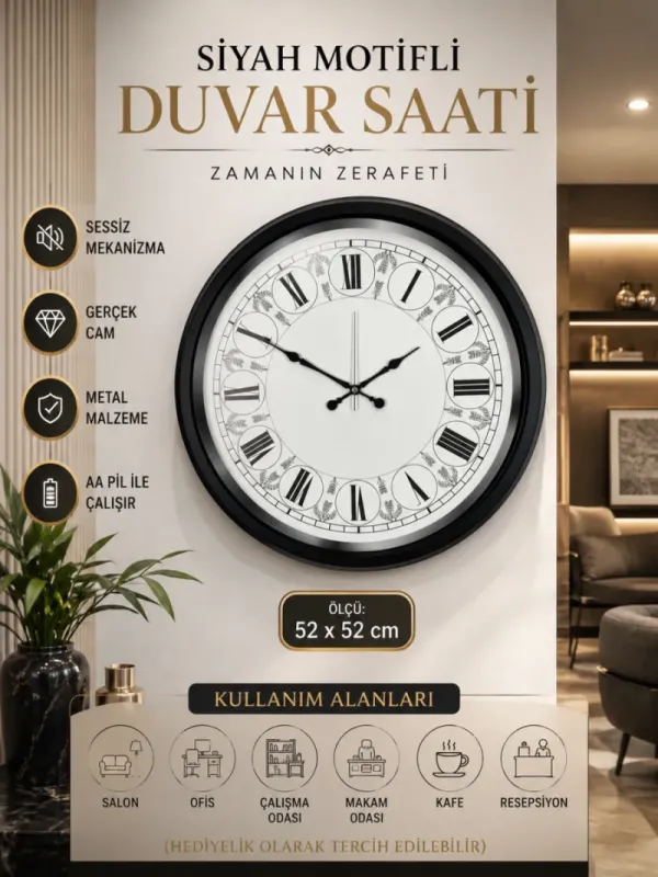 Roma Rakamlı Siyah Metal Duvar Saati 52 cm · Model 5263B