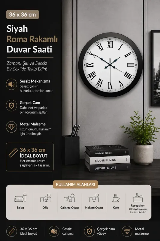 Roma Rakamlı Siyah Metal Duvar Saati 36 cm · Model 3654B