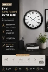 Roma Rakamlı Siyah Metal Duvar Saati 36 cm · Model 3654B