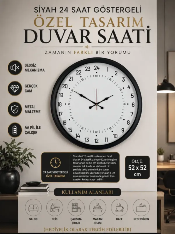 Göstergeli Siyah Metal Duvar Saati 52 cm · Model 5297B