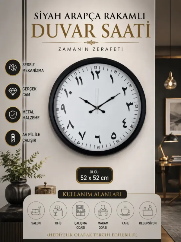 Siyah Metal Duvar Saati 52 cm · Model 5299B
