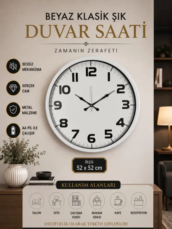 Beyaz Metal Duvar Saati 52 cm · Model 5236W