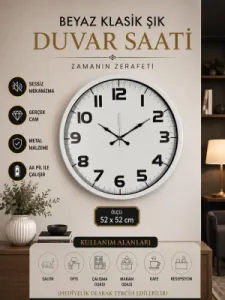 Beyaz Metal Duvar Saati 52 cm · Model 5236W