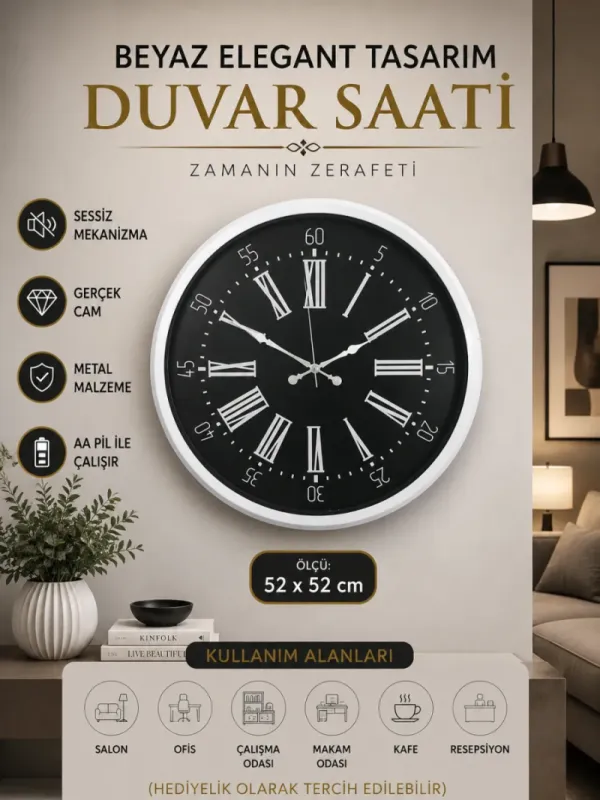 Beyaz Metal Duvar Saati 52 cm · Model 5259W