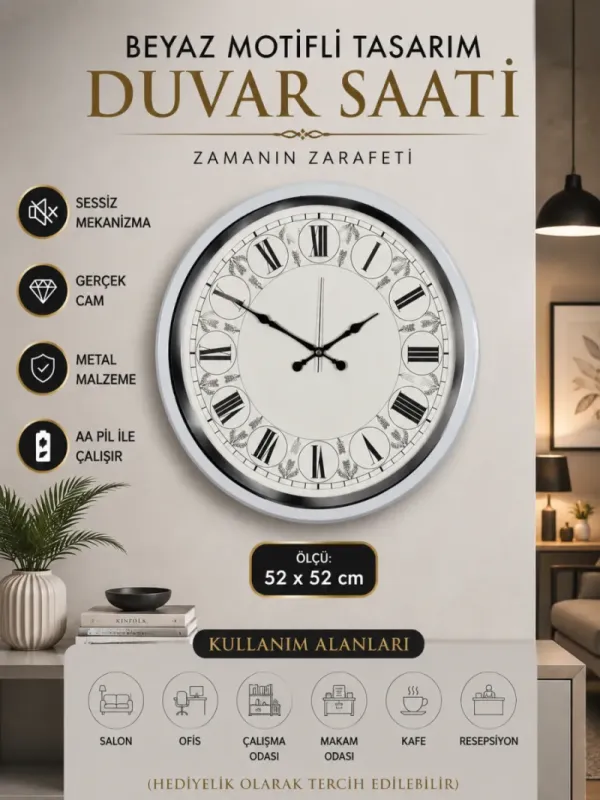 Beyaz Metal Duvar Saati 52 cm · Model 5263W