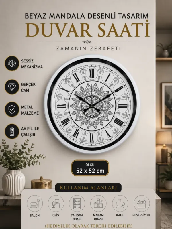Desenli Beyaz Metal Duvar Saati 52 cm · Model 5269W