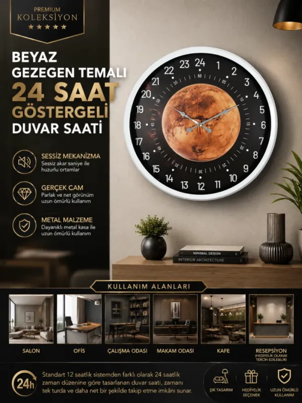 Göstergeli Beyaz Metal Duvar Saati 52 cm · Model 5295W