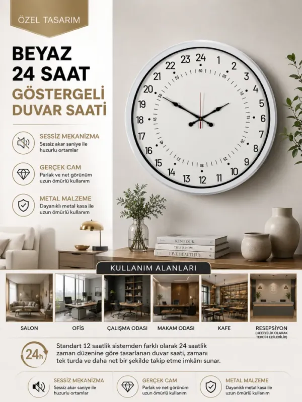 Göstergeli Beyaz Metal Duvar Saati 52 cm · Model 5297W