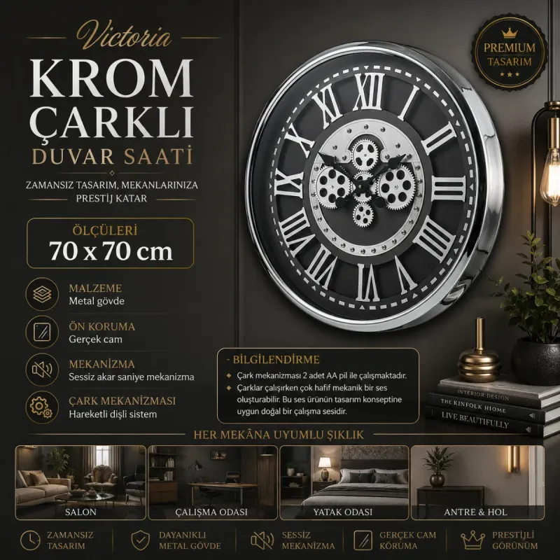 Krom Metal Çarklı Duvar Saati 70 x 70 · Model C-7001K