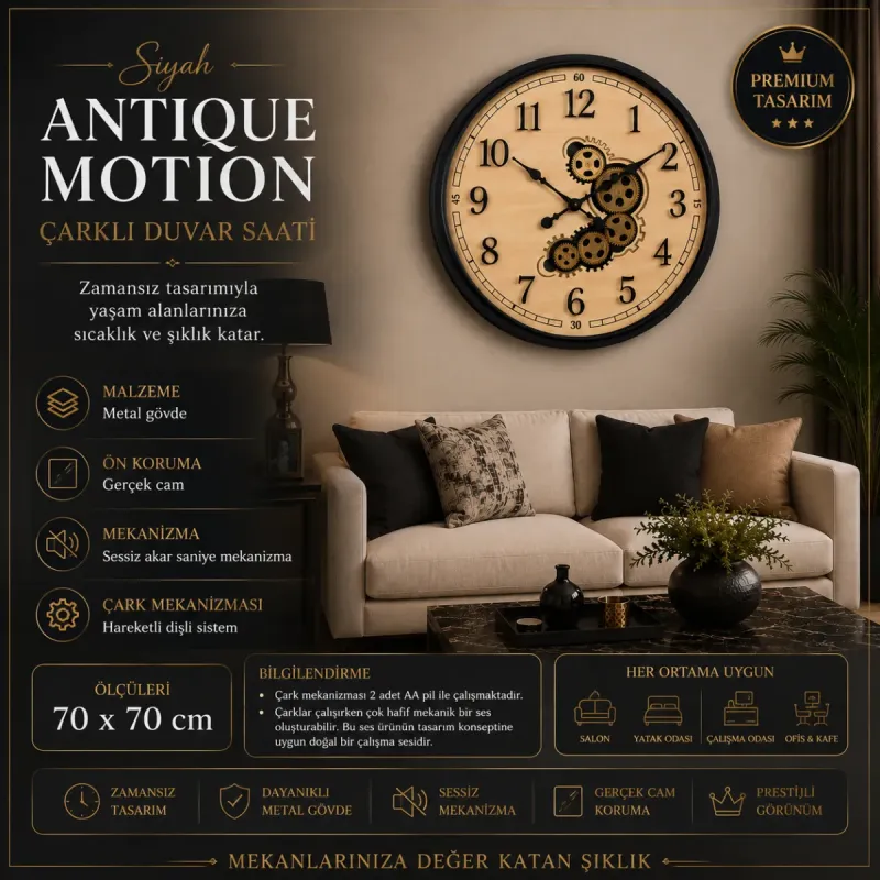 Siyah Metal Çarklı Duvar Saati 70 x 70 · Model C-7002B