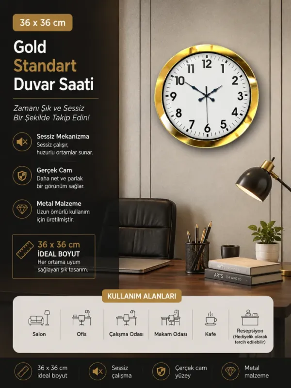 Gold Metal Duvar Saati 36 cm · Model 3601G