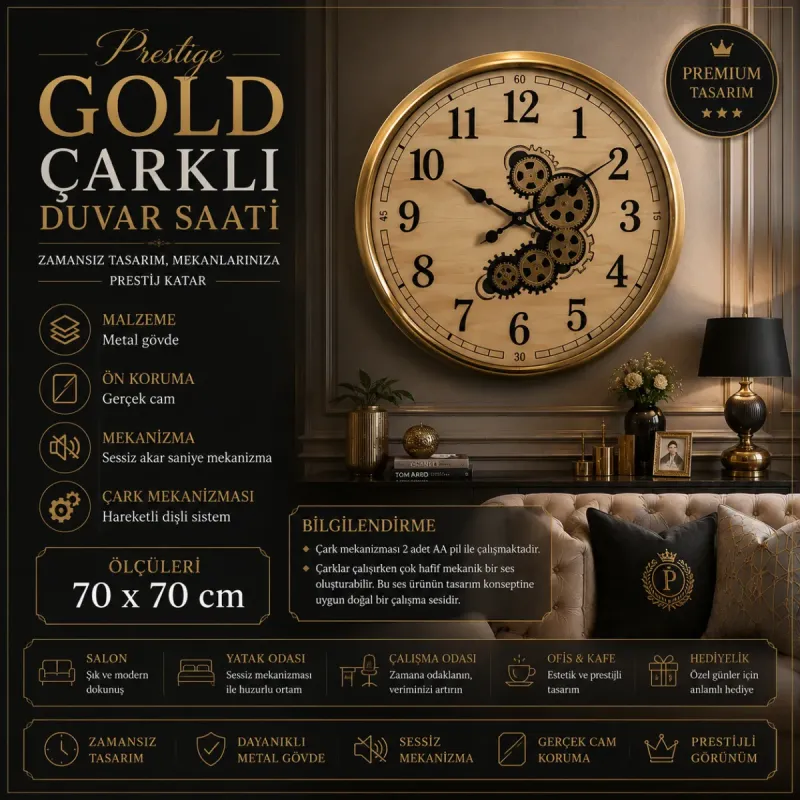 Gold Metal Çarklı Duvar Saati 70 x 70 · Model C-7002G