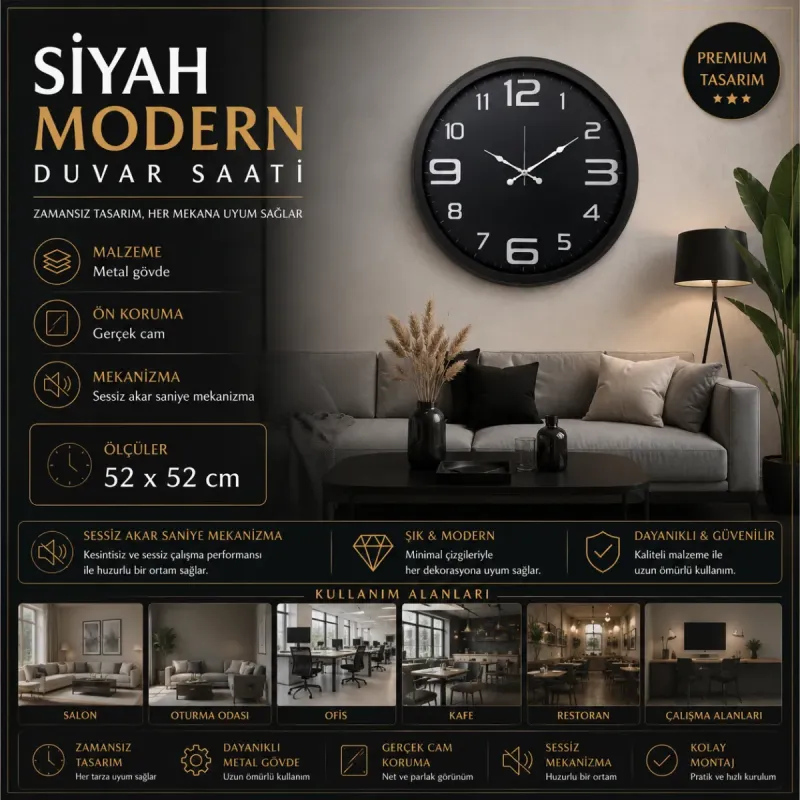 Siyah Metal Duvar Saati 52 cm · Model 5209B