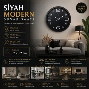Siyah Metal Duvar Saati 52 cm · Model 5209B