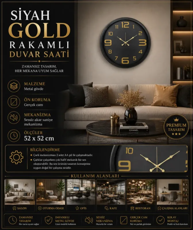 Siyah Metal Duvar Saati 52 cm · Model 5210B