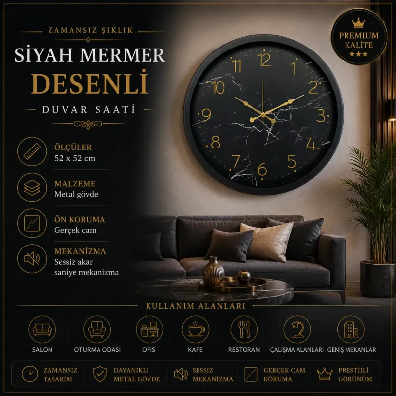 Desenli Siyah Metal Duvar Saati 52 cm · Model 5211B