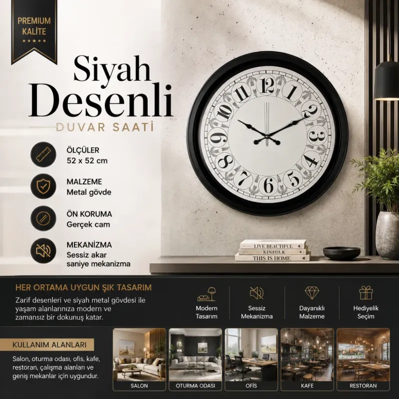 Desenli Siyah Metal Duvar Saati 52 cm · Model 5228B