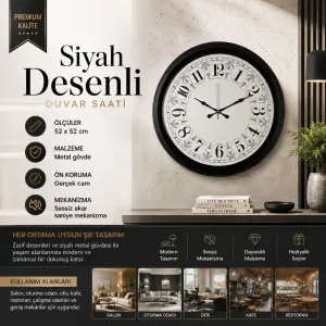 Desenli Siyah Metal Duvar Saati 52 cm · Model 5228B