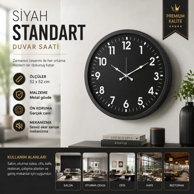 Siyah Metal Duvar Saati 52 cm · Model 5231B