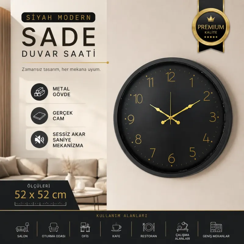 Siyah Metal Duvar Saati 52 cm · Model 5246B