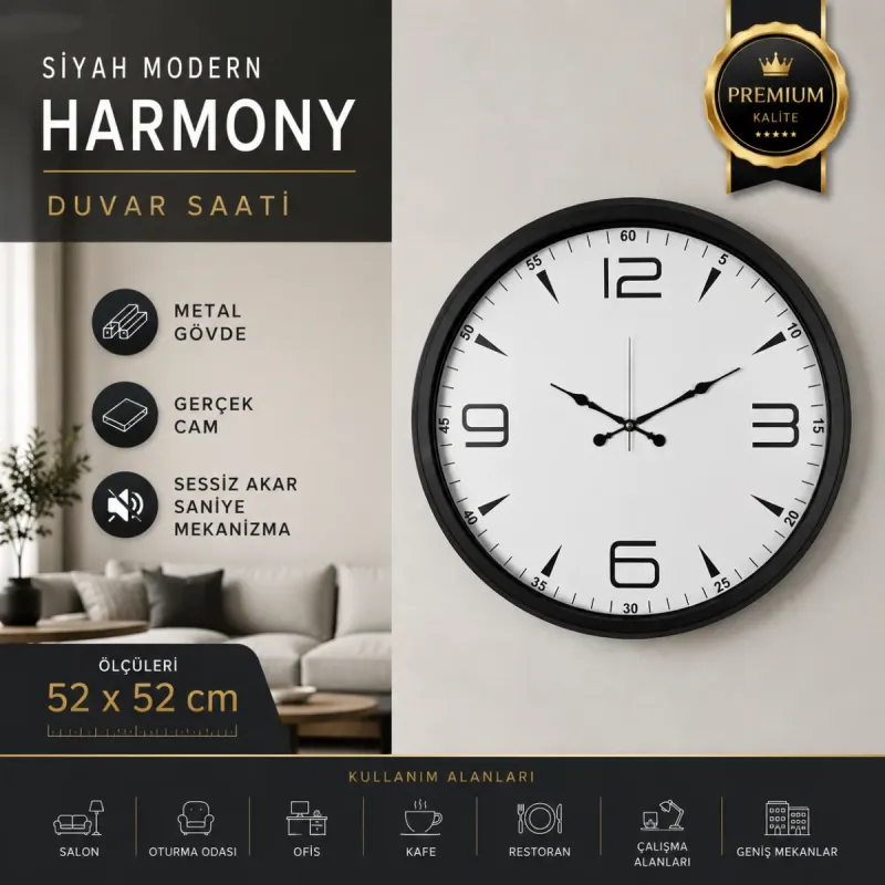 Siyah Metal Duvar Saati 52 cm · Model 5250B