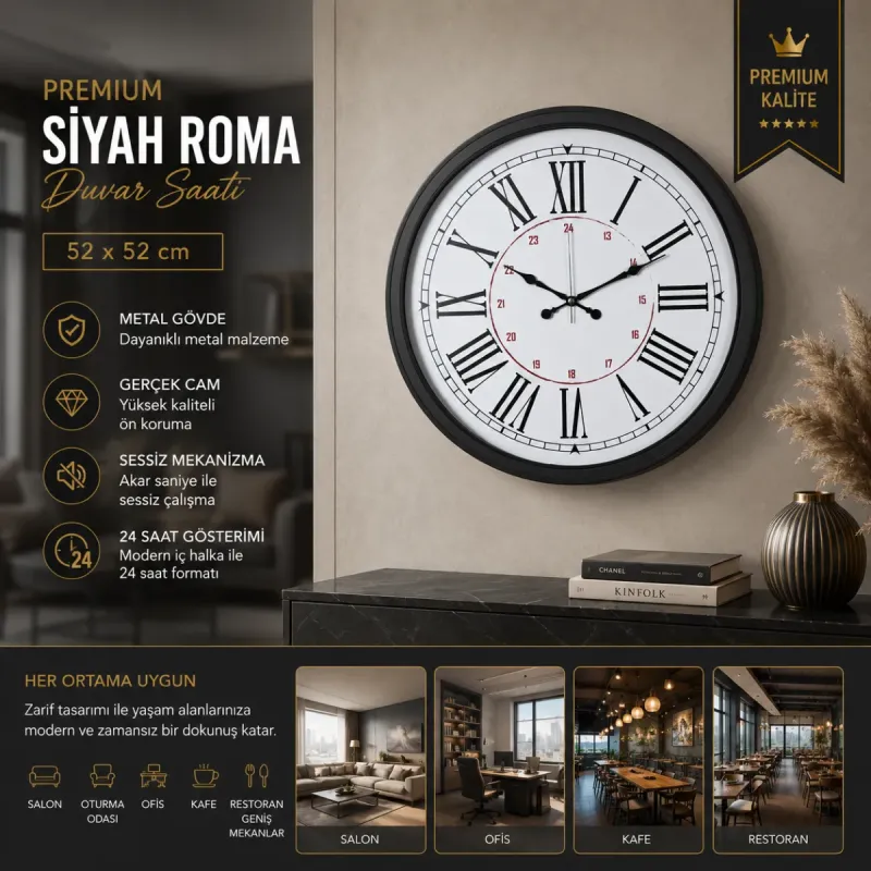 Roma Rakamlı Siyah Metal Duvar Saati 52 cm · Model 5252B
