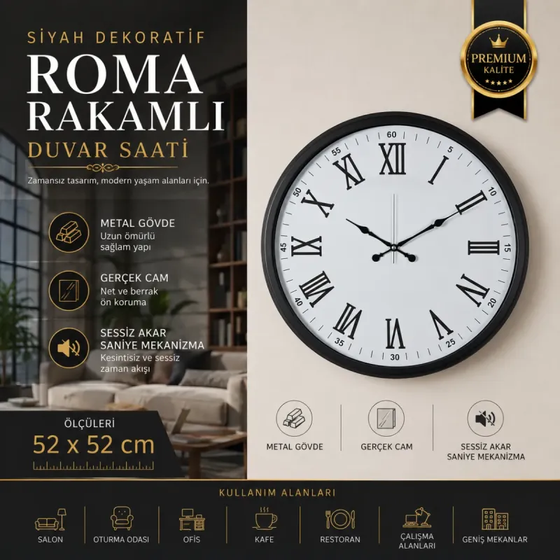 Roma Rakamlı Siyah Metal Duvar Saati 52 cm · Model 5254B
