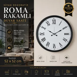 Roma Rakamlı Siyah Metal Duvar Saati 52 cm · Model 5254B