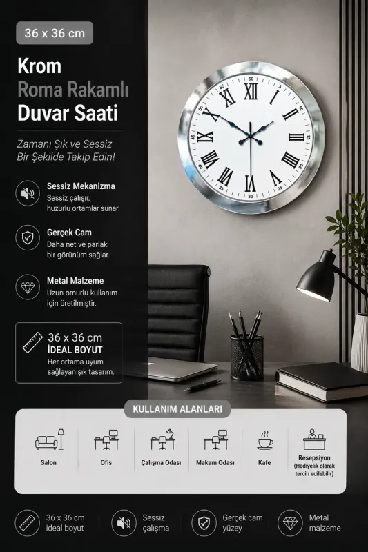 Roma Rakamlı Krom Metal Duvar Saati 36 cm · Model 3654K