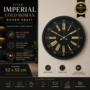 Roma Rakamlı Siyah Metal Duvar Saati 52 cm · Model 5258B