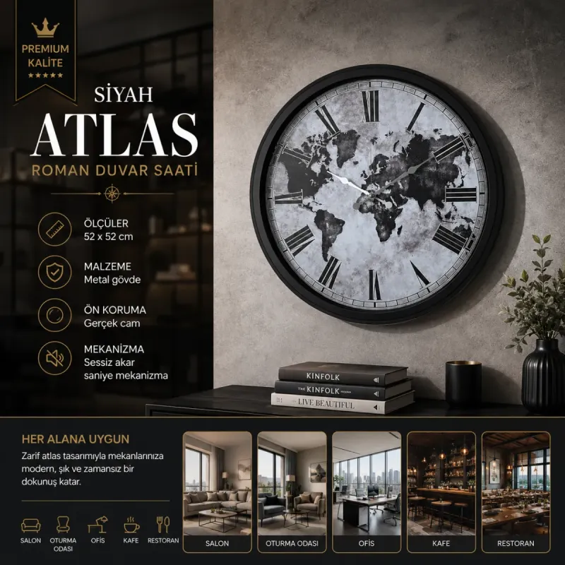 Roma Rakamlı Siyah Metal Duvar Saati 52 cm · Model 5264B