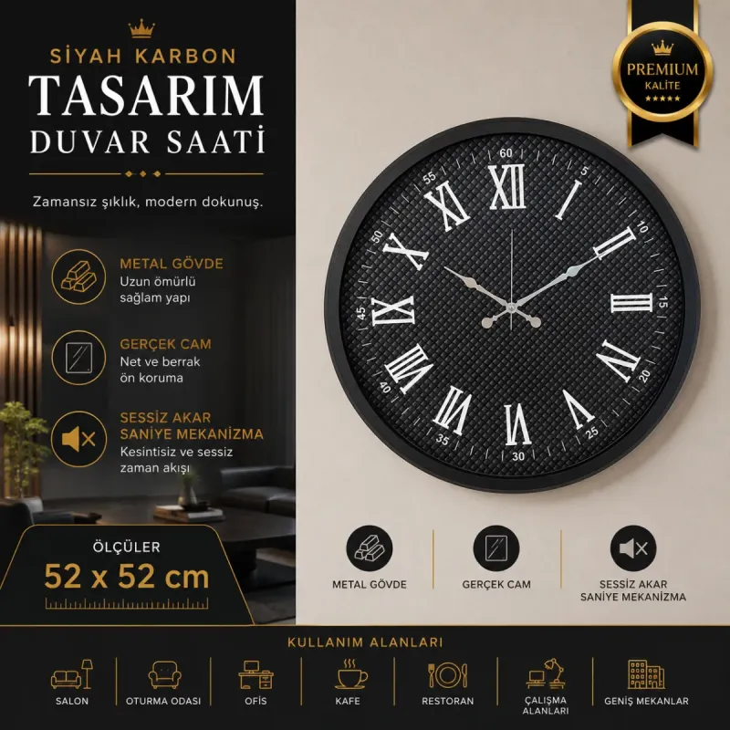 Siyah Metal Duvar Saati 52 cm · Model 5290B