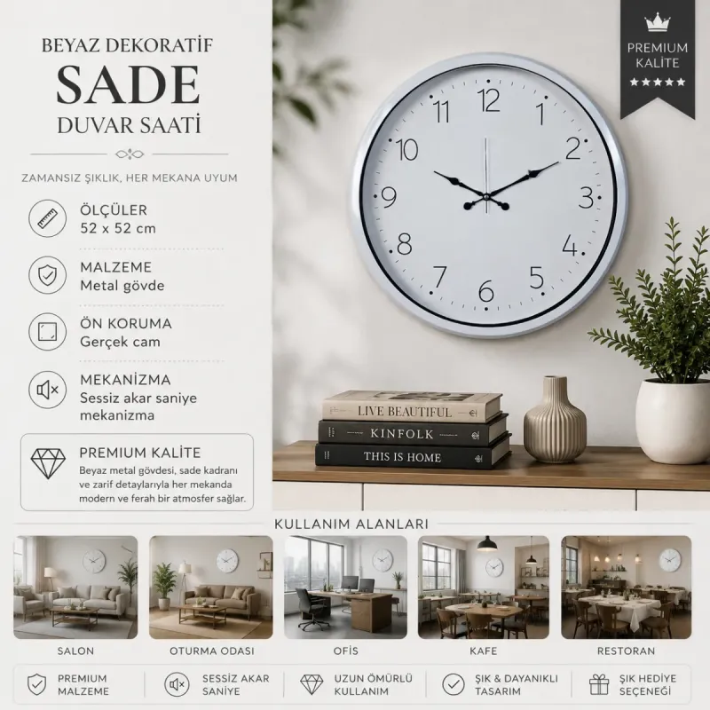 Beyaz Metal Duvar Saati 52 cm · Model 5204W