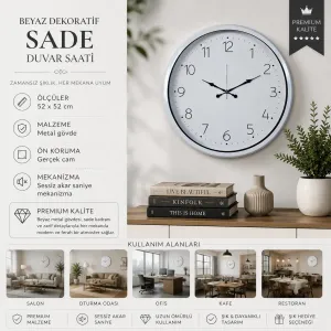 Beyaz Metal Duvar Saati 52 cm · Model 5204W