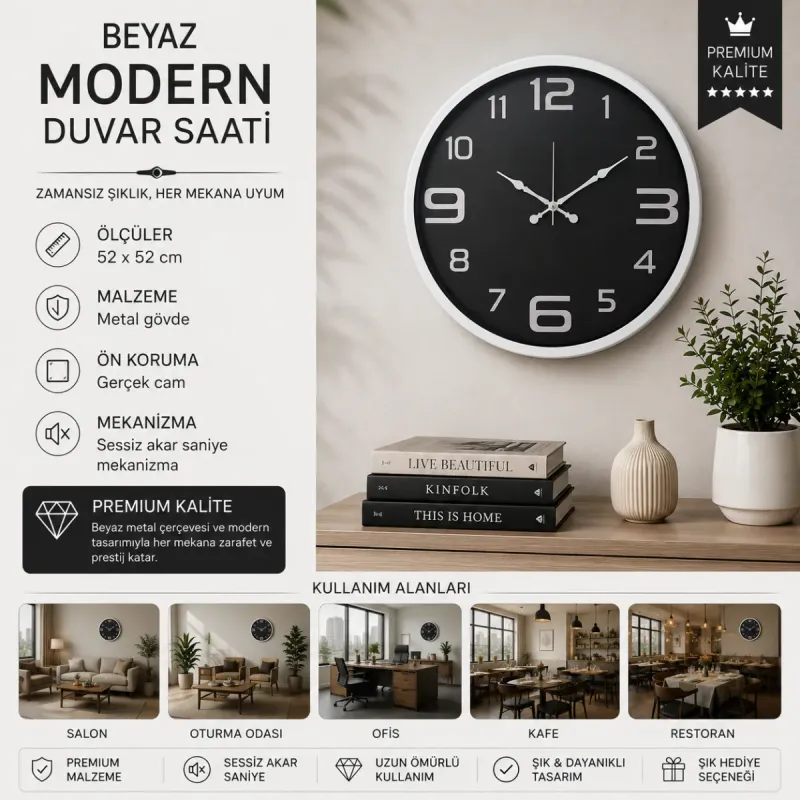 Beyaz Metal Duvar Saati 52 cm · Model 5209W