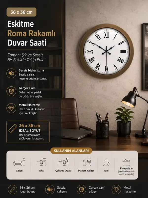 Roma Rakamlı Eskitme Metal Duvar Saati 36 cm · Model 3654E