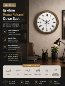 Roma Rakamlı Eskitme Metal Duvar Saati 36 cm · Model 3654E