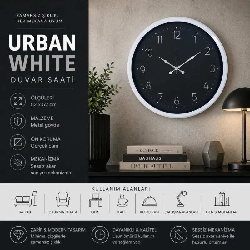 Beyaz Metal Duvar Saati 52 cm · Model 5247W
