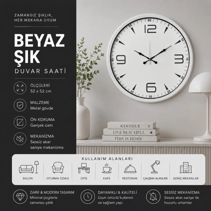 Beyaz Metal Duvar Saati 52 cm · Model 5250W